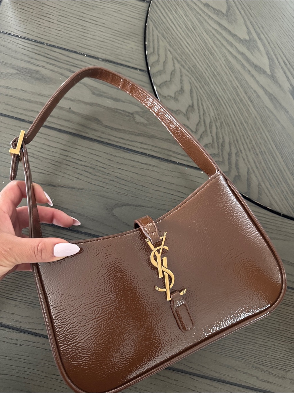 Saint Laurent Chocolate Brown Patent Leather Shoulder Bag with Gold YSL